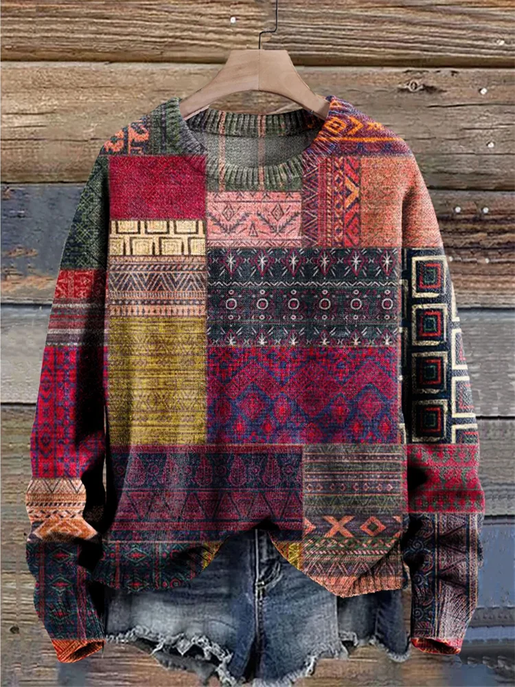 VChics Vintage Colour Block Print Knit Pullover Sweater