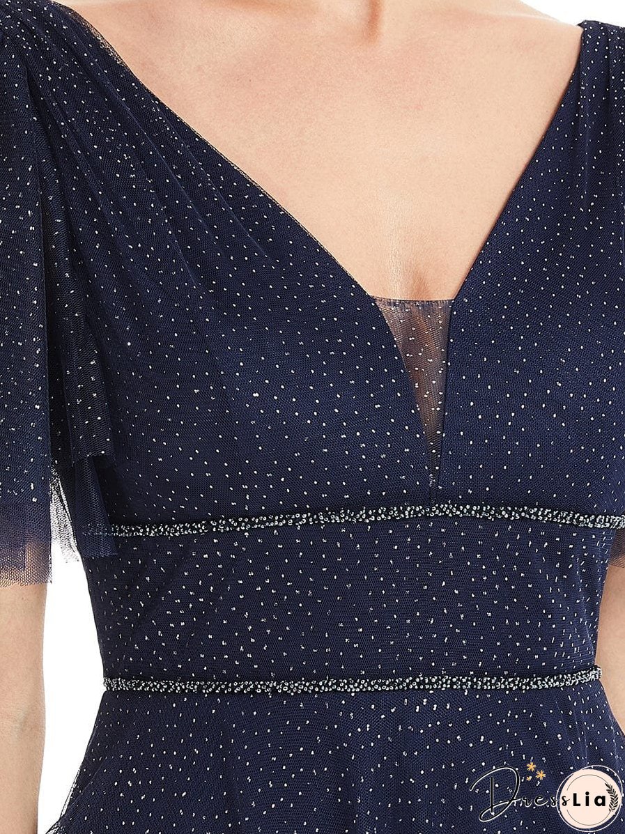 Elegant Golden Stamped Ruffle Sleeve Evening Gown