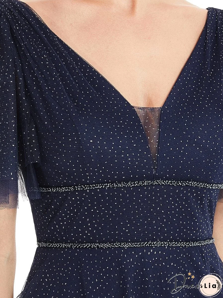 Elegant Golden Stamped Ruffle Sleeve Evening Gown