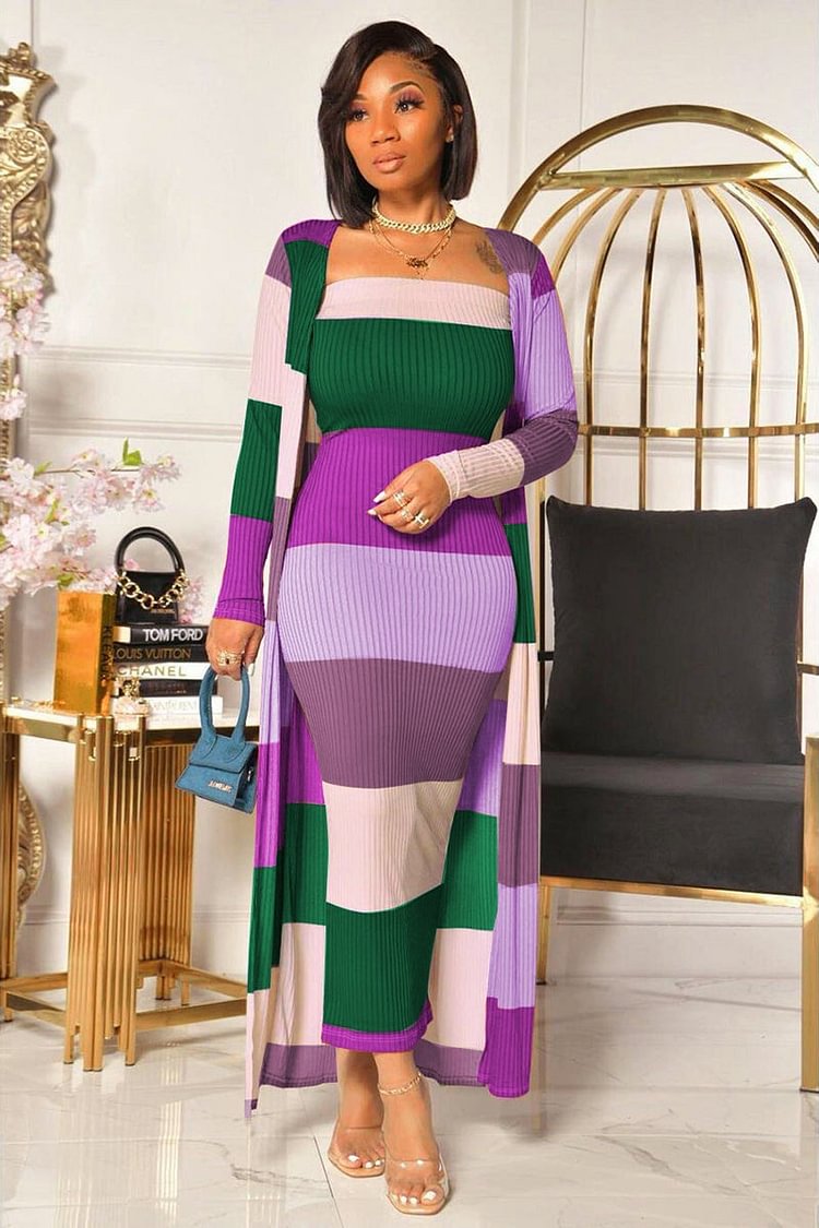 Knit Colorblock Bodycon Maxi Dresses Long Sleeve Two-Piece Coat Set