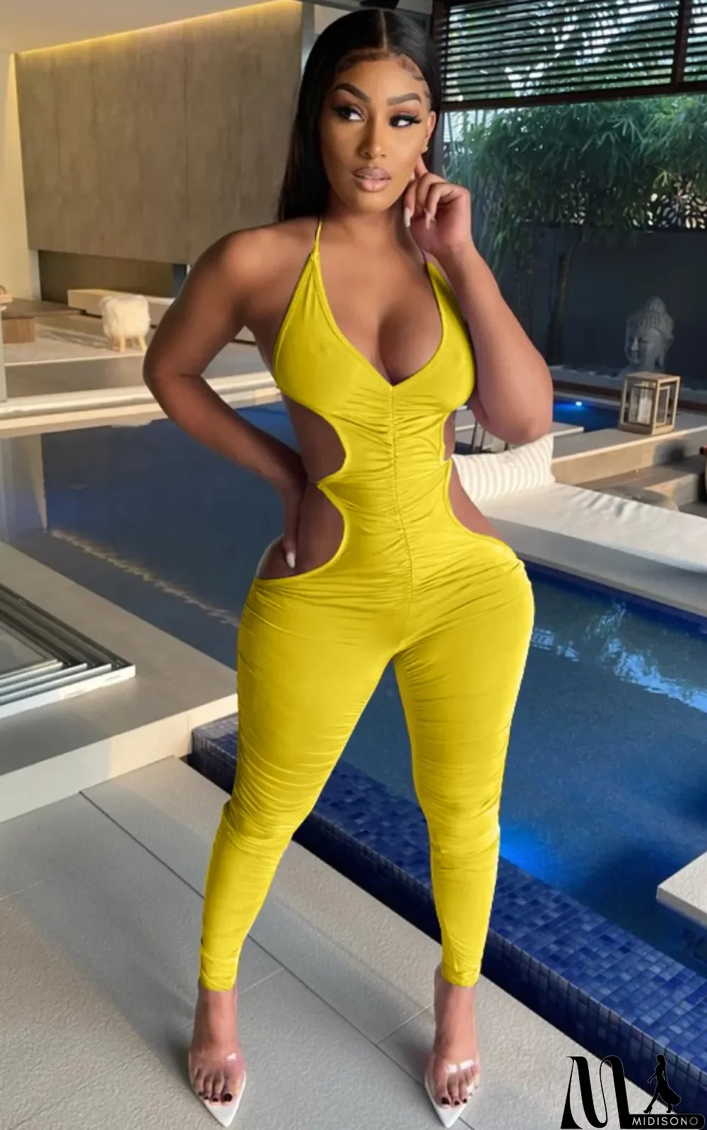 MidiSono - Summer Solid Color Hollow Out Ruched Halter Bodycon Jumpsuit