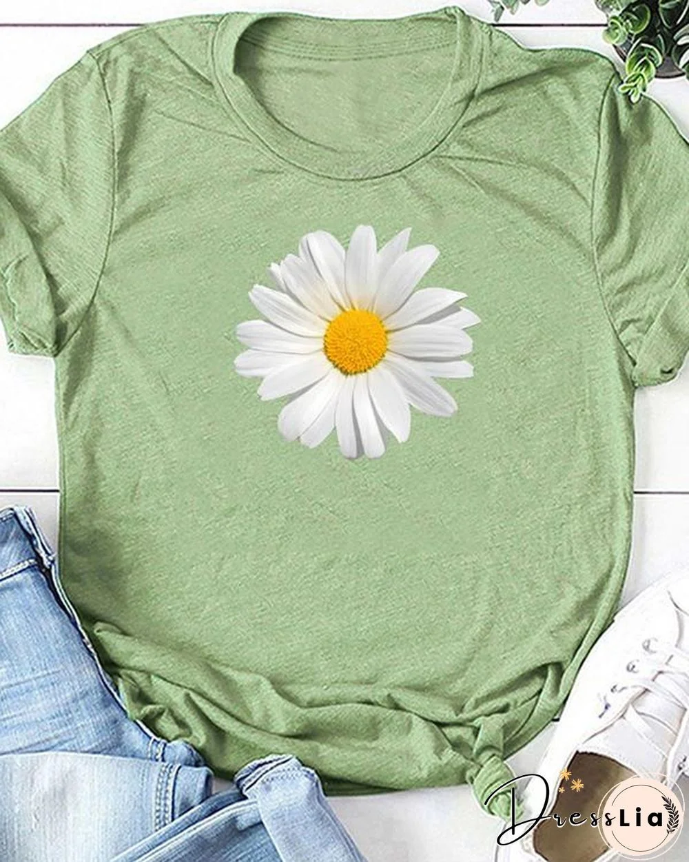 Flower Print T-shirt Ladies Short Sleeve Daily Tops