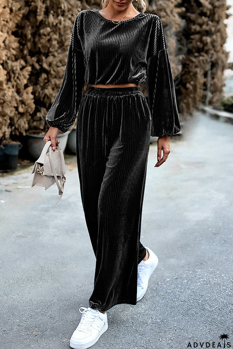 Elegant Solid Pocket O Neck Long Sleeve Two Pieces