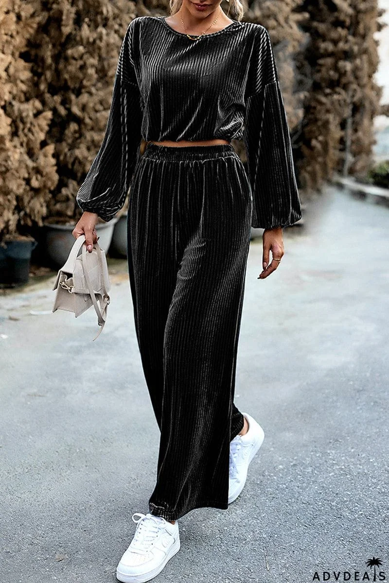 Elegant Solid Pocket O Neck Long Sleeve Two Pieces