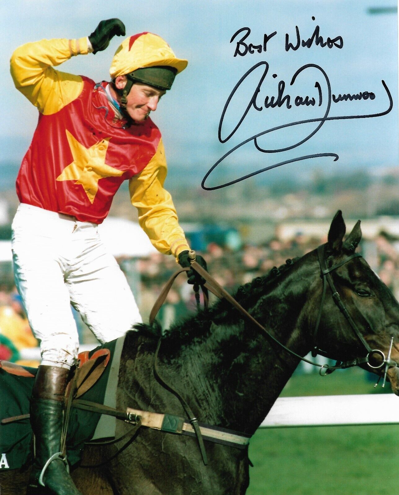 Richard Dunwoody Champion Jockey hand signed 10 by 8