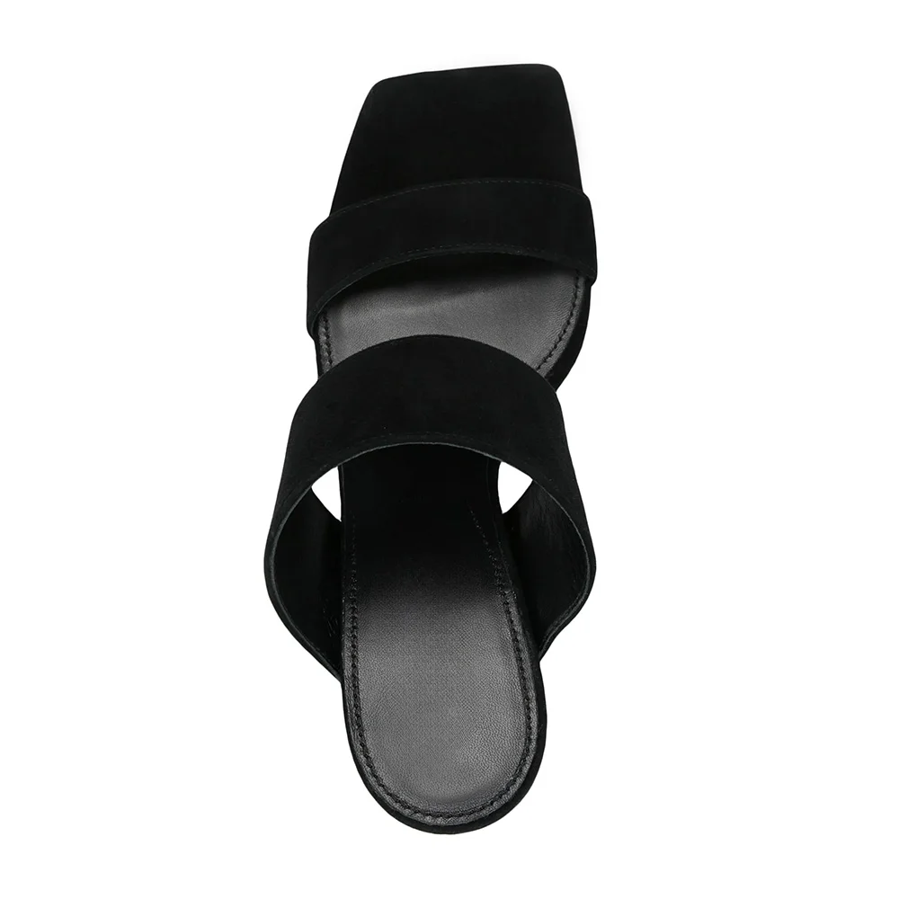 Classic Black Square Toe Stiletto Heel Double Strap Mules for Women