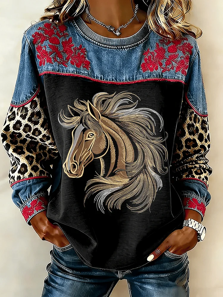 Women's Western Print Crew Neck Sweatshirt 