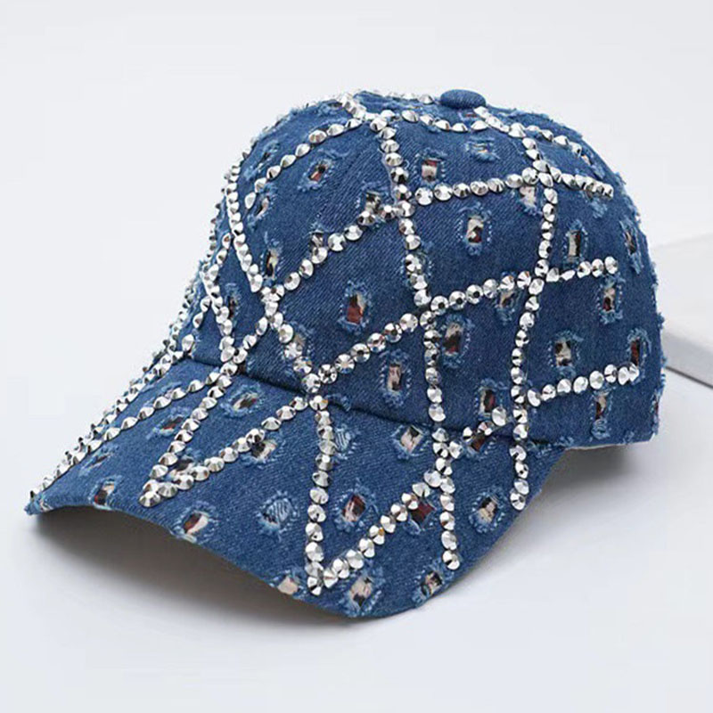 Sparkling Rhinestone Distressed Denim Cap