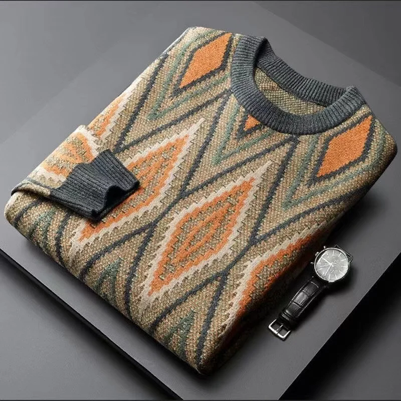 Rhombus Jacquard Crew Neck Sweater