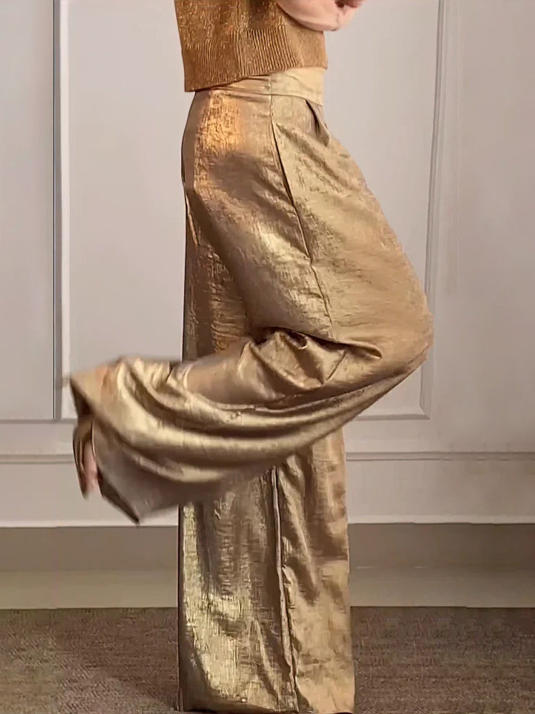 Women's Solid Color High Waisted loose Casual Wide-leg Pants