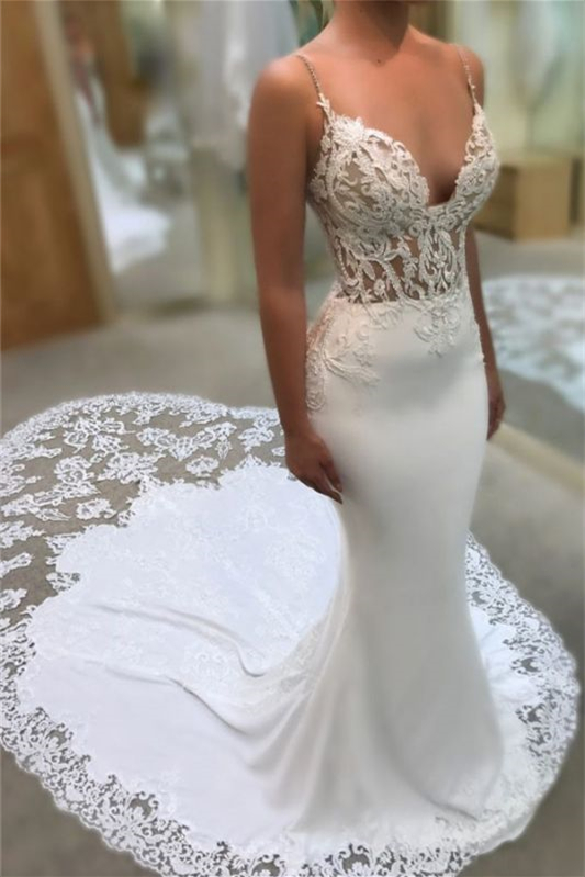 Bellasprom V-Neck Mermaid Wedding Dress With Lace Appliques Spaghetti-Straps Bellasprom