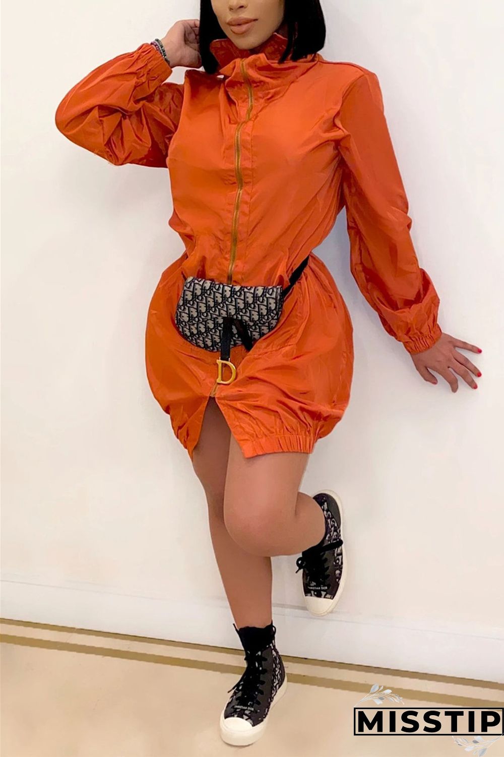 Orange Casual Solid Patchwork Pocket Zipper Collar Long Sleeve A Line Dresses