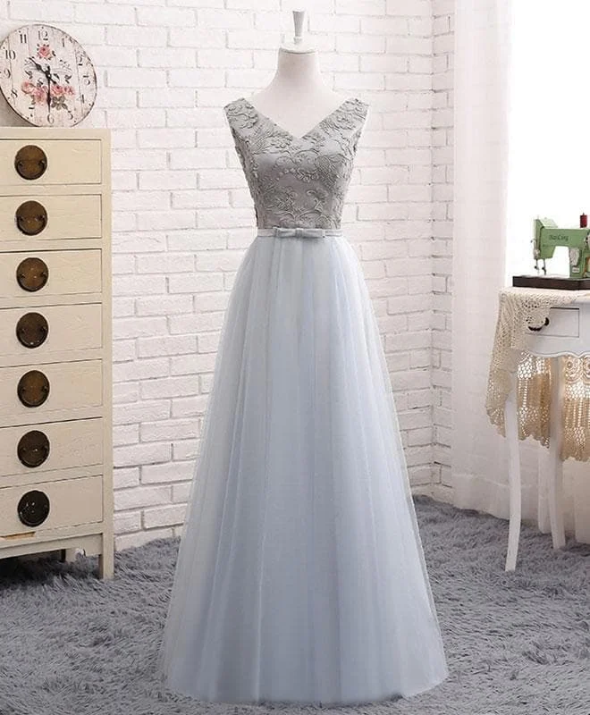 A Line V Neck Lace Tulle Long Prom Dress