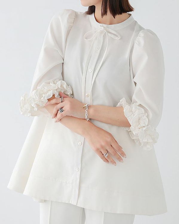 Bow Detail Puffed Ruffled Sleeve Button Down Solid Color Shirt