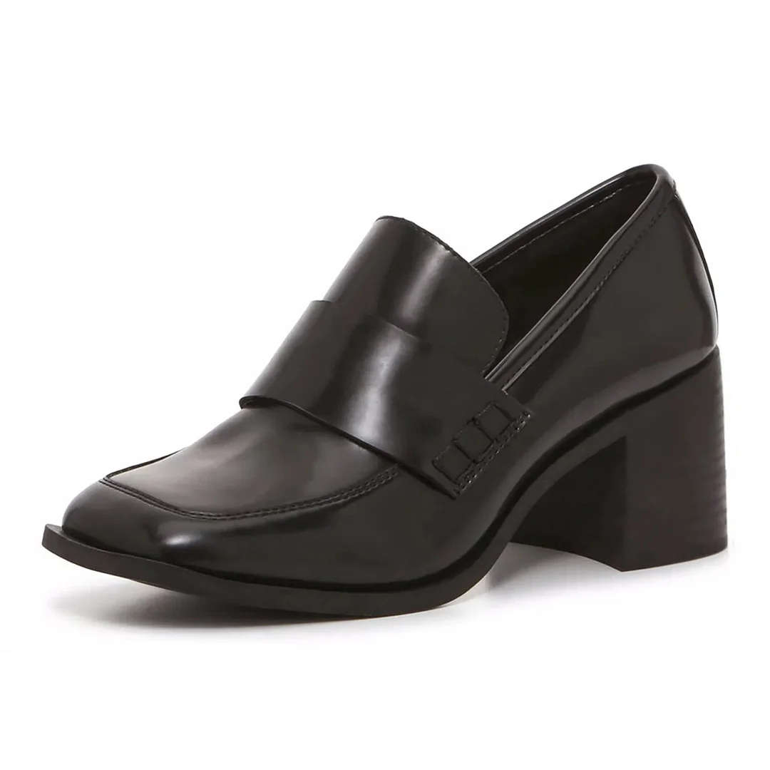 Classic Black Square Toe Office Shoes Block Heeled Loafers Women