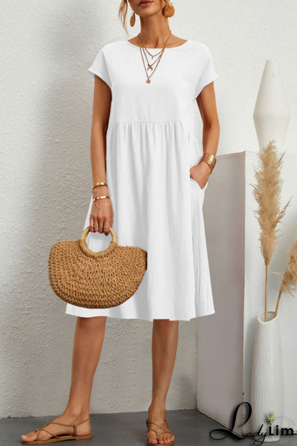 Casual Solid Patchwork O Neck A Line Short Sleeve Dress(11 colors)