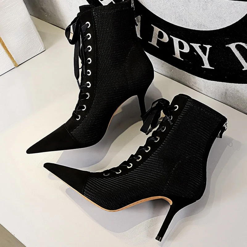 BIGTREE 2022 Winter Ankle Women Boots Fashion Slim Heel High Heel Pointed Plaid Plaid Lace Up Fashion Cross Strapping Boots