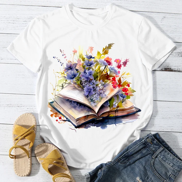 Book And Flowers Woman's Round Neck T-Shirt -BSTC1647