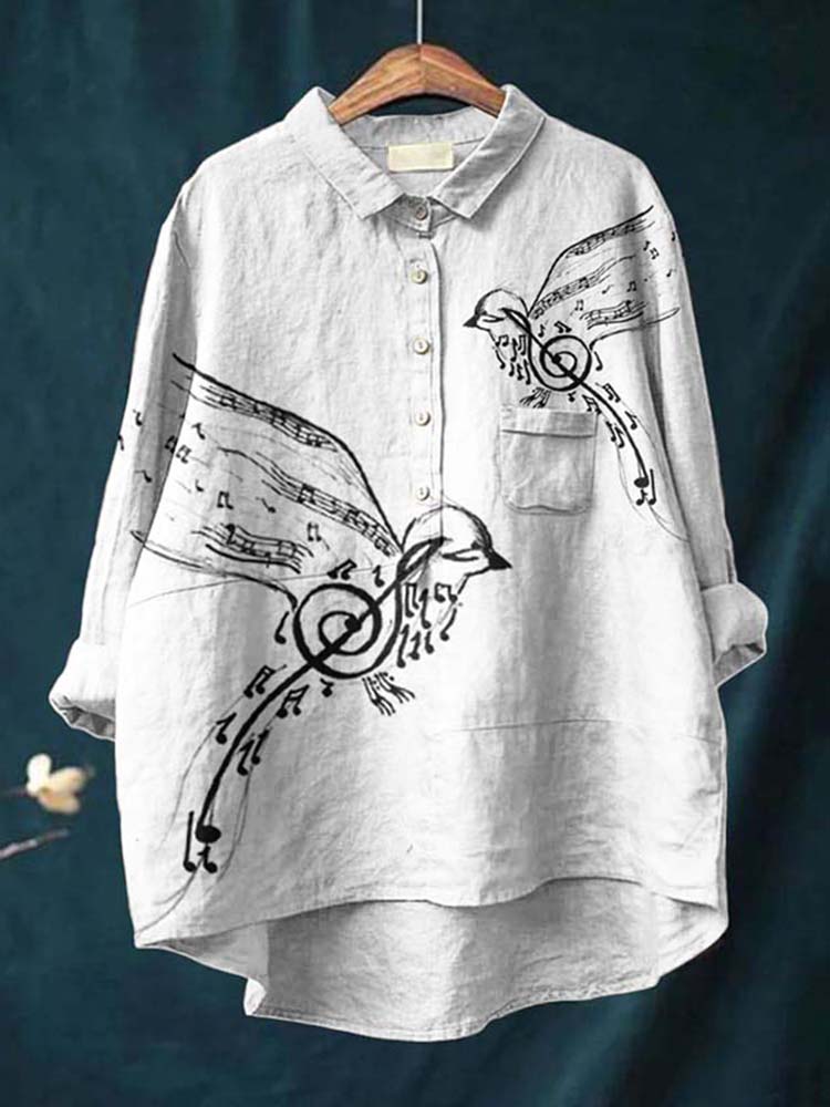 Comstylish Casual Music Bird Elf Printed Cotton Linen Shirt