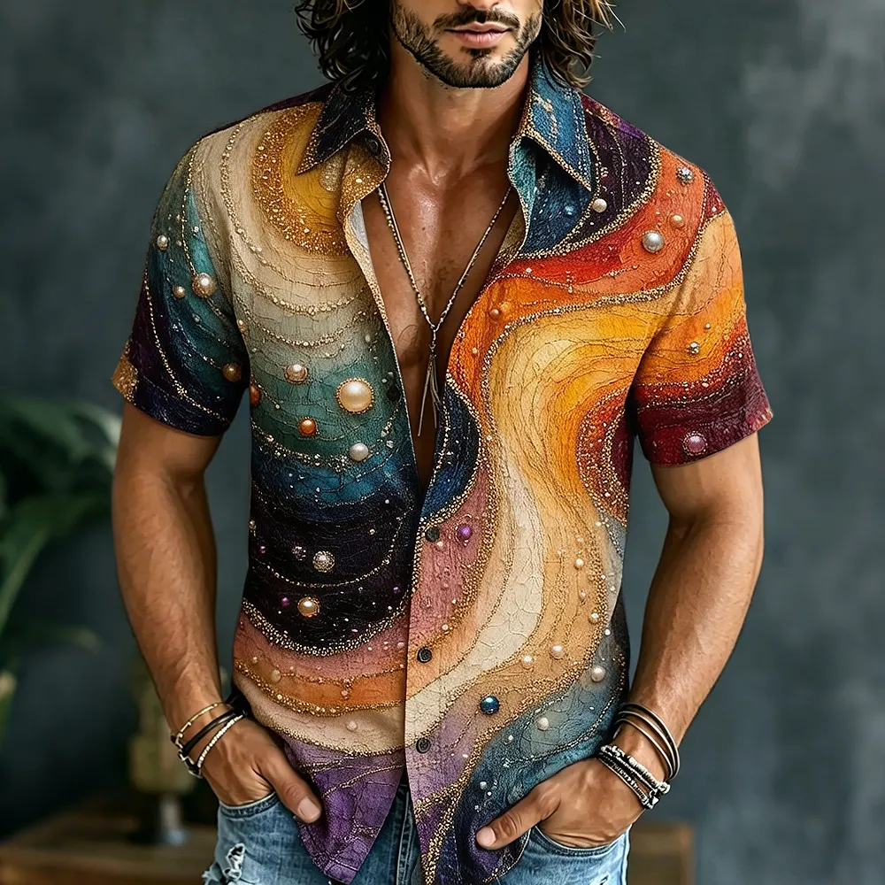 Comstylish Men's Retro Hippie Patchwork Print Short-sleeve Shirt