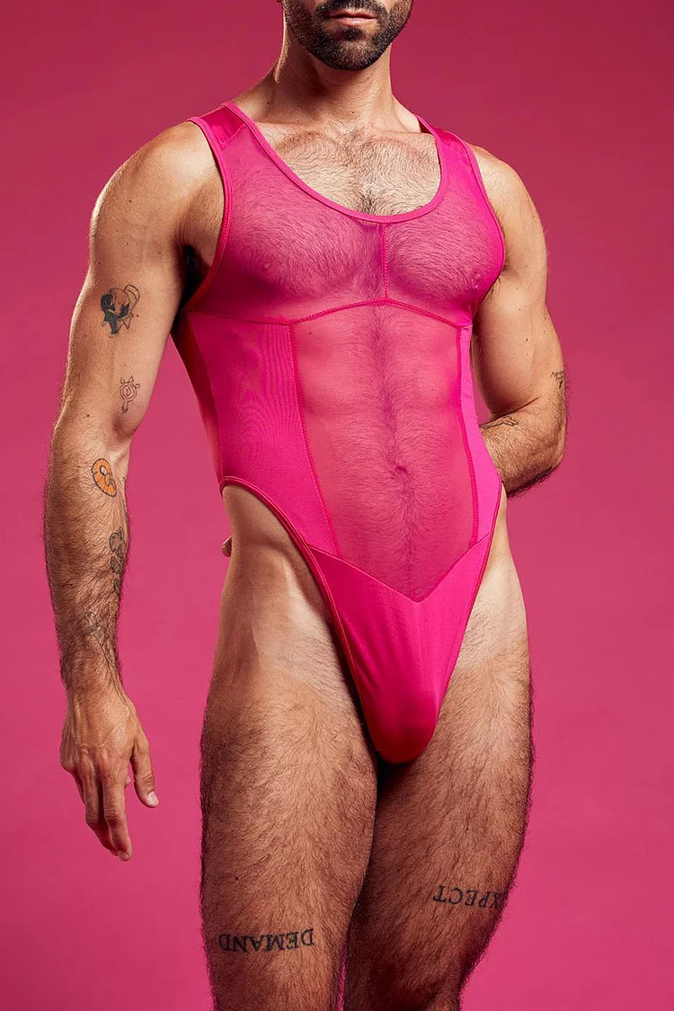 Ciciful See-Through Mesh Patchwork Stretchy Hot Pink Thong Bodysuit