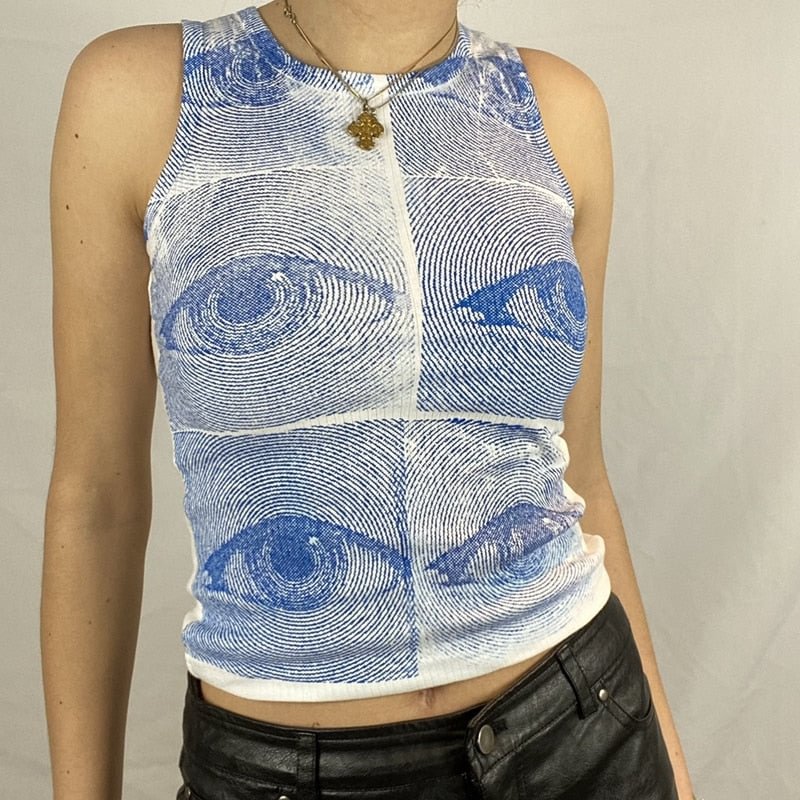 Harajuku Eyes Printed Tank Tops 90s Vintage Fashion Streetwear Sleeveless Crop Top Women Vintage Sweats Vest Y2K Aesthetic