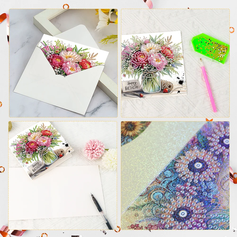 [Upgrade-Laser Card]6Pcs Birthday Bouquet DIY Diamond Painting Card Diamond Drawing Card for Friends