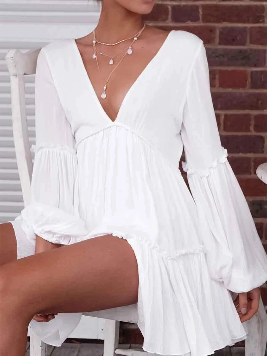 Deep V-Neck Puff Sleeves Solid Color Casual Dress