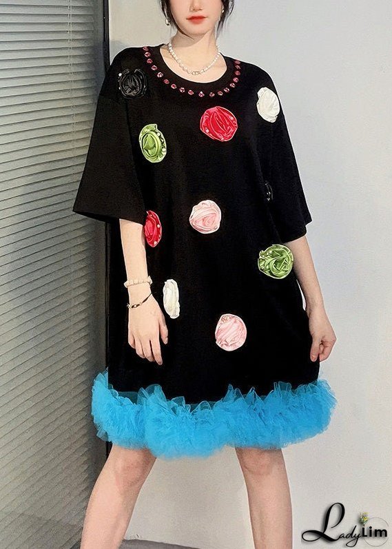 Black Patchwork Cotton T Shirts Dress Ruffled Floral Summer
