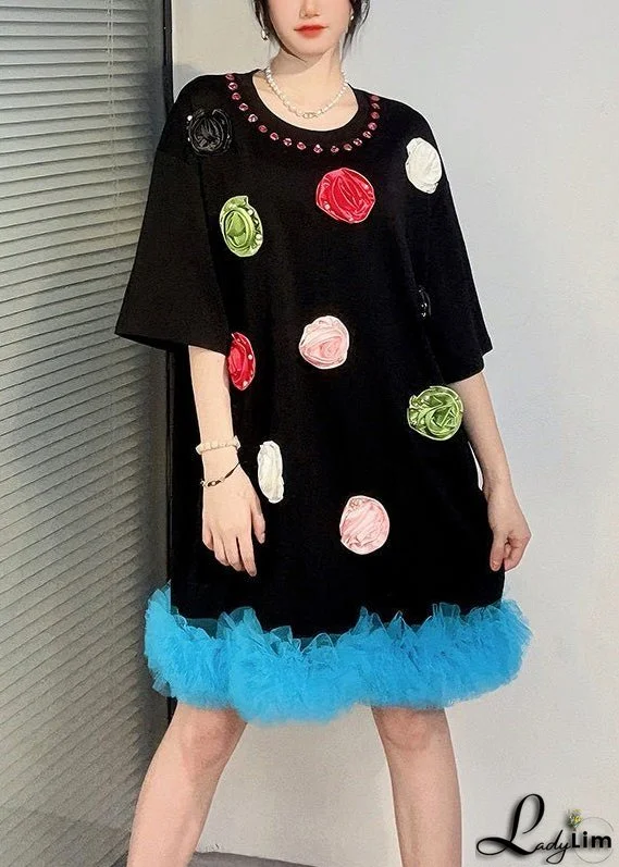 Black Patchwork Cotton T Shirts Dress Ruffled Floral Summer
