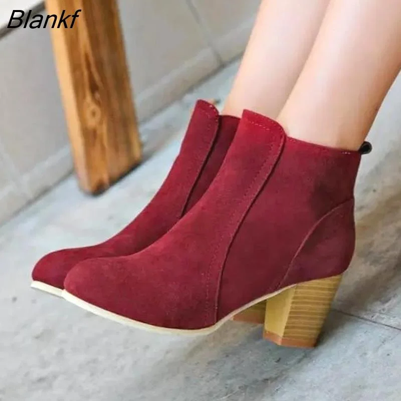 Blankf Woman Autumn Winter 2023 Chunky Heels Zip Up Shoes Luxury Fashion Velvet Cozy Chelsea Ankle Women's Boots Free Shipping