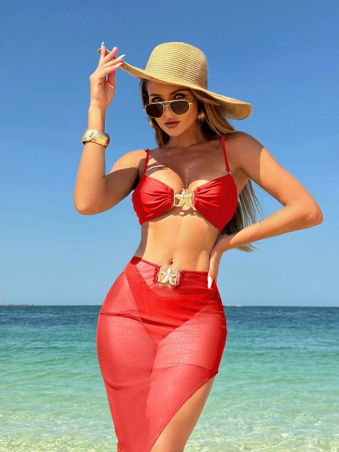 Uveng 2024 New Sexy Solid Three-Piece Mesh Dress Swimsuit Bikini