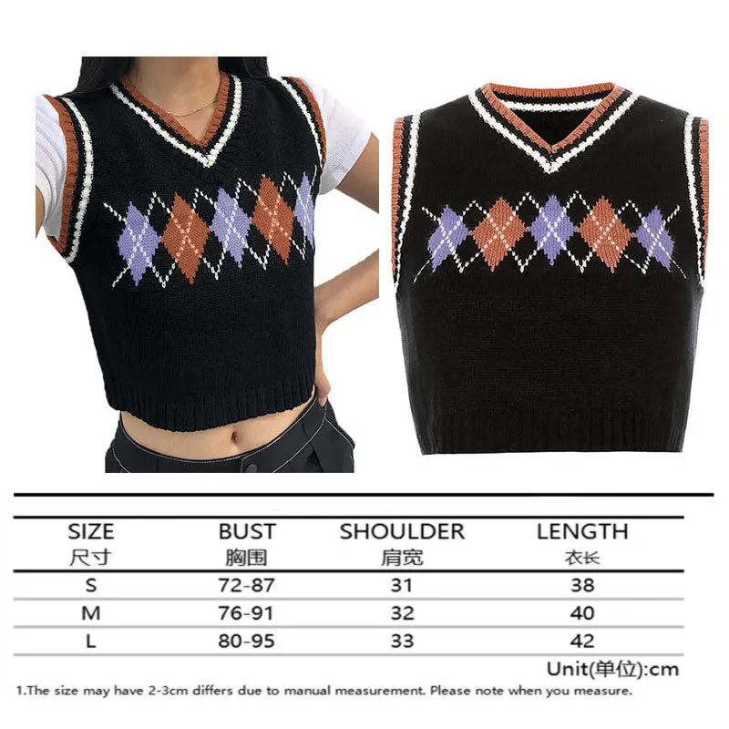 Argyle Sweater Vest Women  Black Sleeveless Plaid Knitted Crop Sweaters Casual Autumn Preppy Style 2020 tops V Neck Vintage