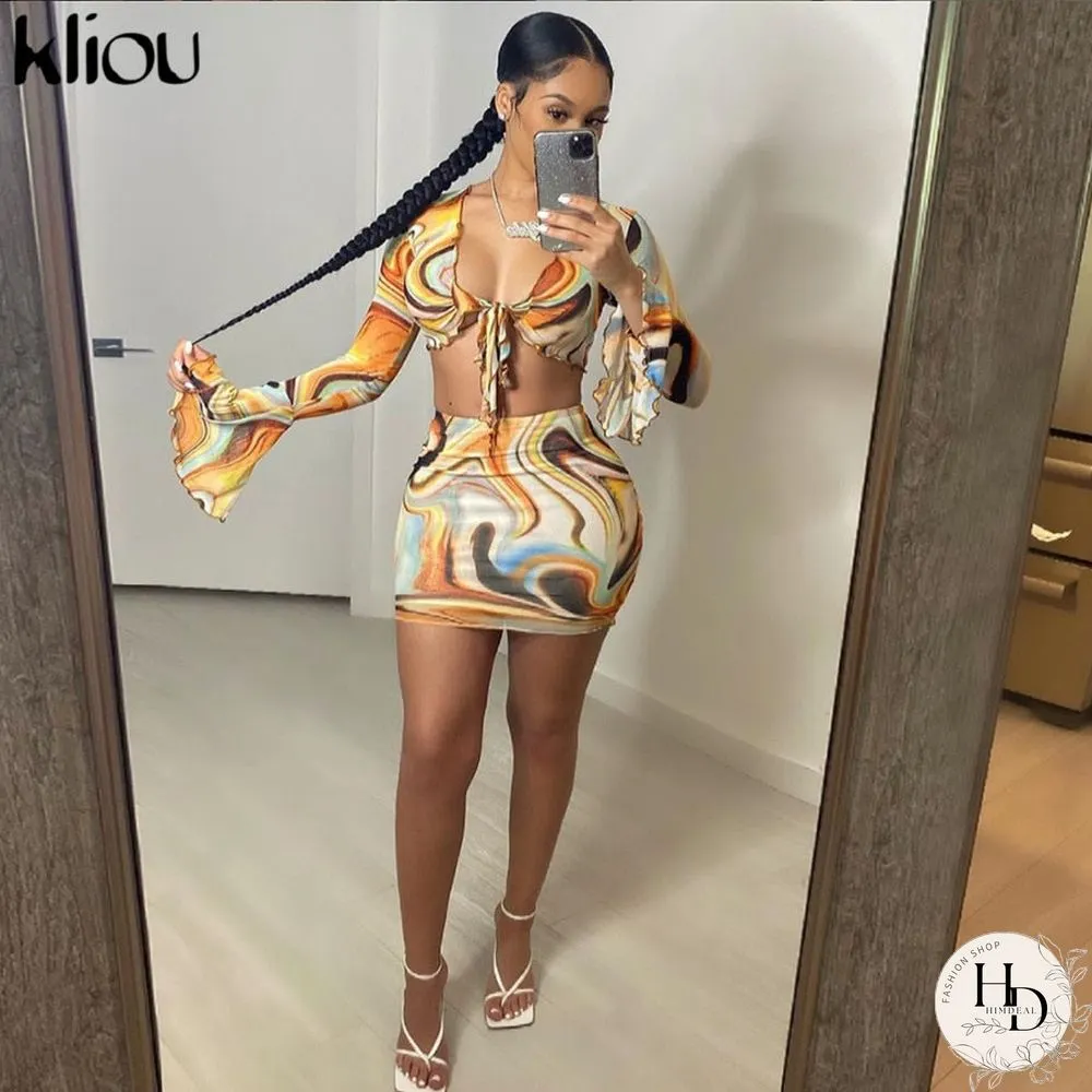 Kliou Bow Lace Print Sheath Sexy Women Two Piece Sets Flare Sleeve V-Neck Hot Female Mesh