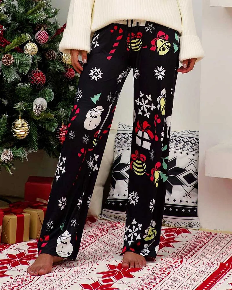 Christmas Print Stitching Casual Wide-leg Pants
