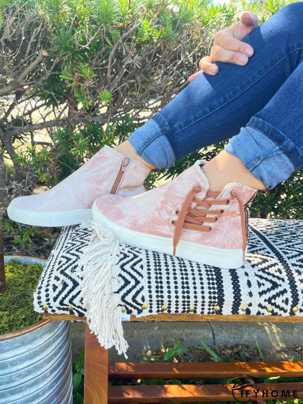 Casual Lace-up Decor Fringe High Top Canvas Shoes with Side Zip | IFYHOME