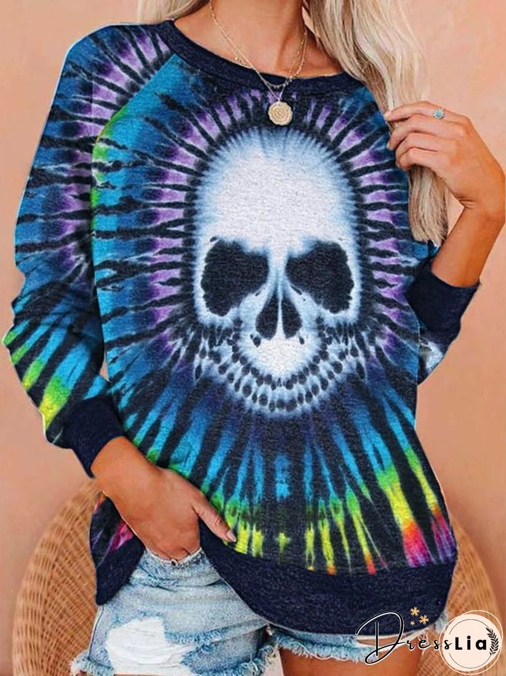 Women's Halloween Tie-Dye Skull Print Sweatshirt