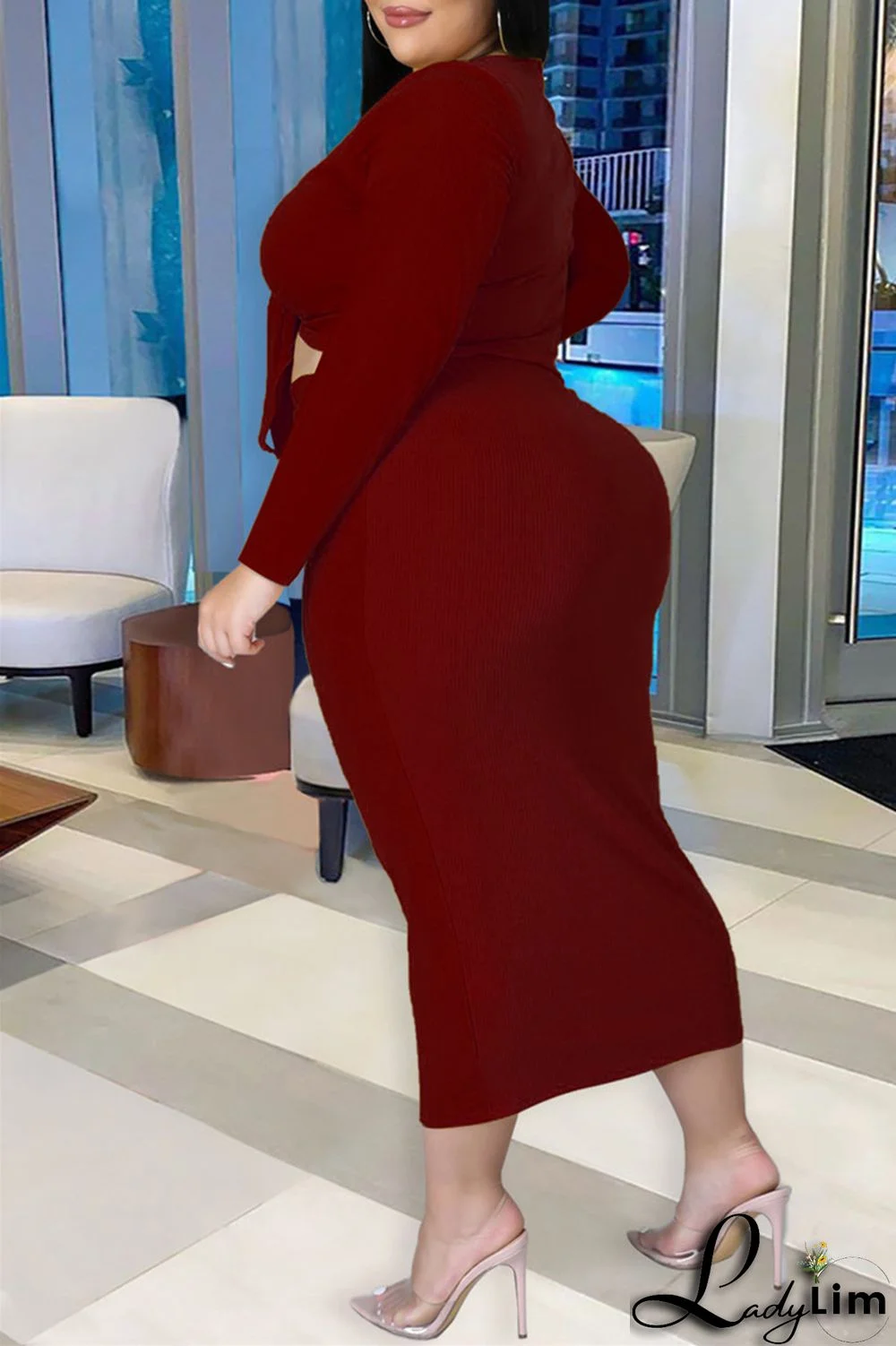 Pink Sexy Casual Solid Bandage V Neck Plus Size Two Pieces