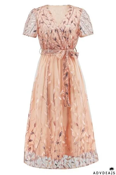Sequin Leaf Embroidery Tie Front Short Sleeve Dress