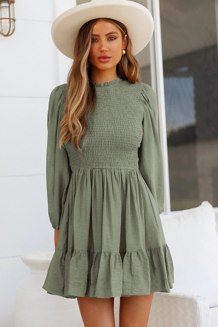 Ruched Long Lantern Sleeve Patchwork Mini Dress