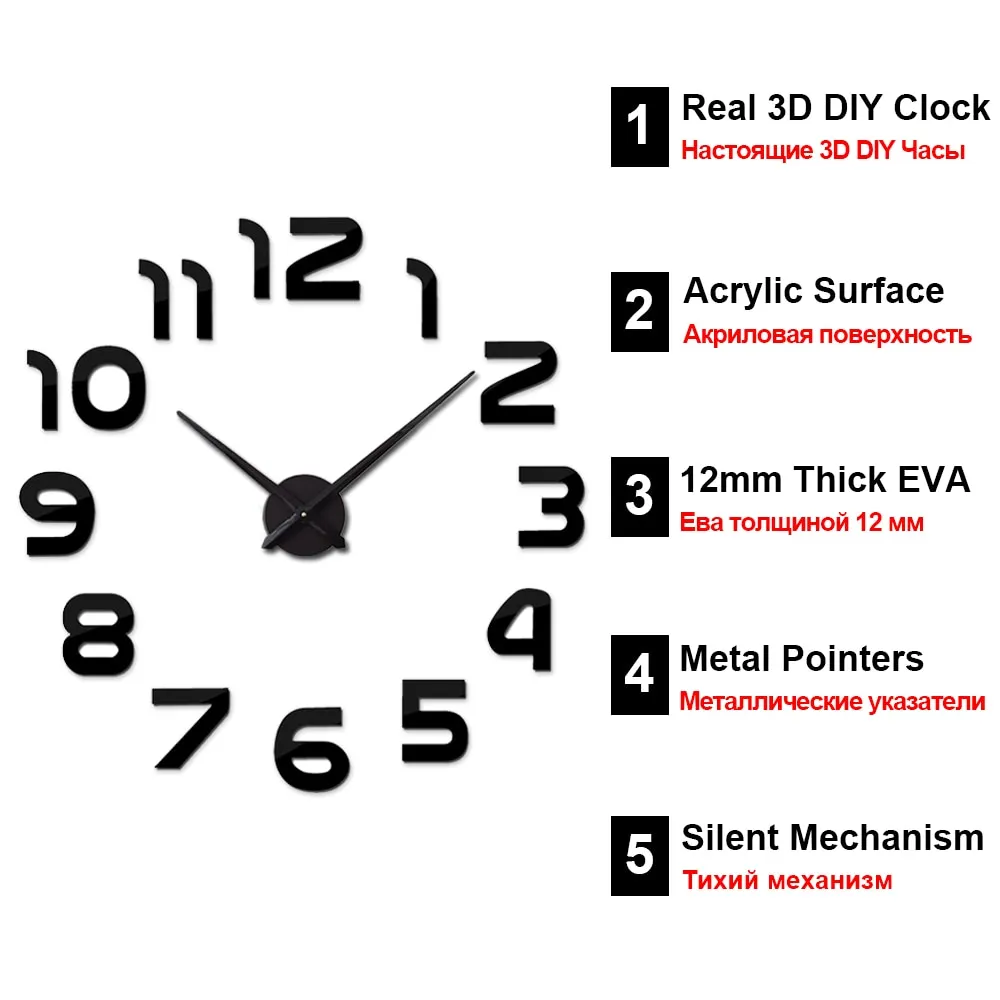 Nigikala 3D DIY Wall Clock Modern Design Silent Big Digital Acrylic ...