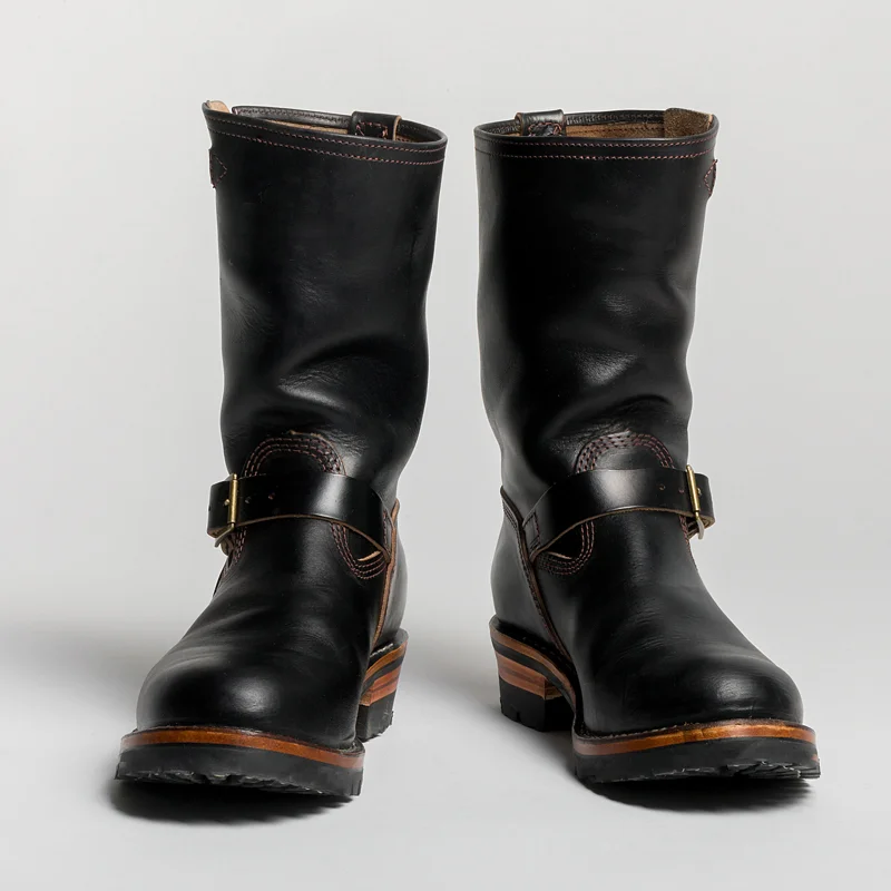 1930's Vintage Triple Stitched Black Horsehide Brass Buckle Boots