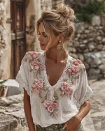 Women's Spring Floral Embroidered Art Print Flowy Linen Blend Short Sleeve Casual Tops - Image 3