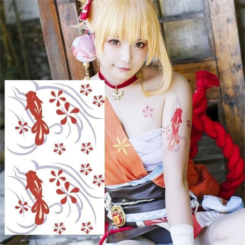 Anime Genshin Impact Game Naganohara Yoimiya Cosplay Arm Temporary Fake Tattoo Stickers for Woman and Girl Faux Tatouage Femme