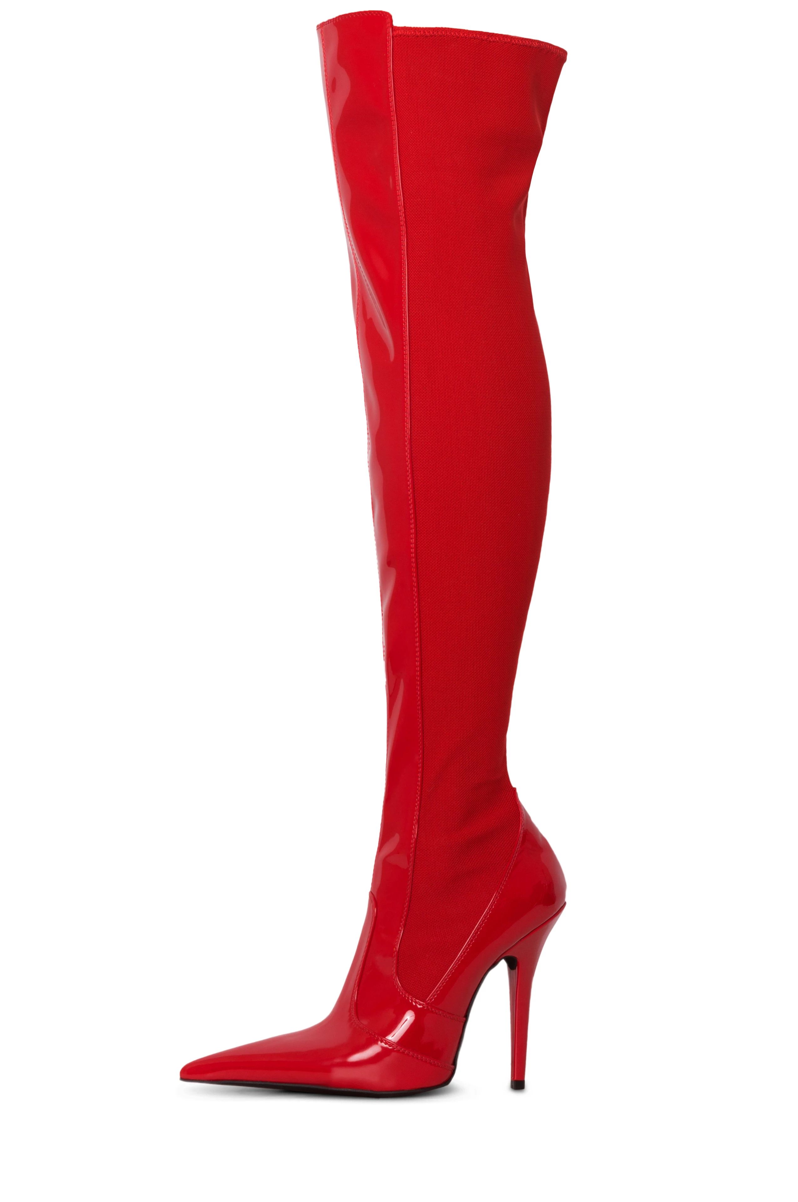 GOOSHOE Red Patent Leather Over-the-knee Pointed Toe Stiletto Boots