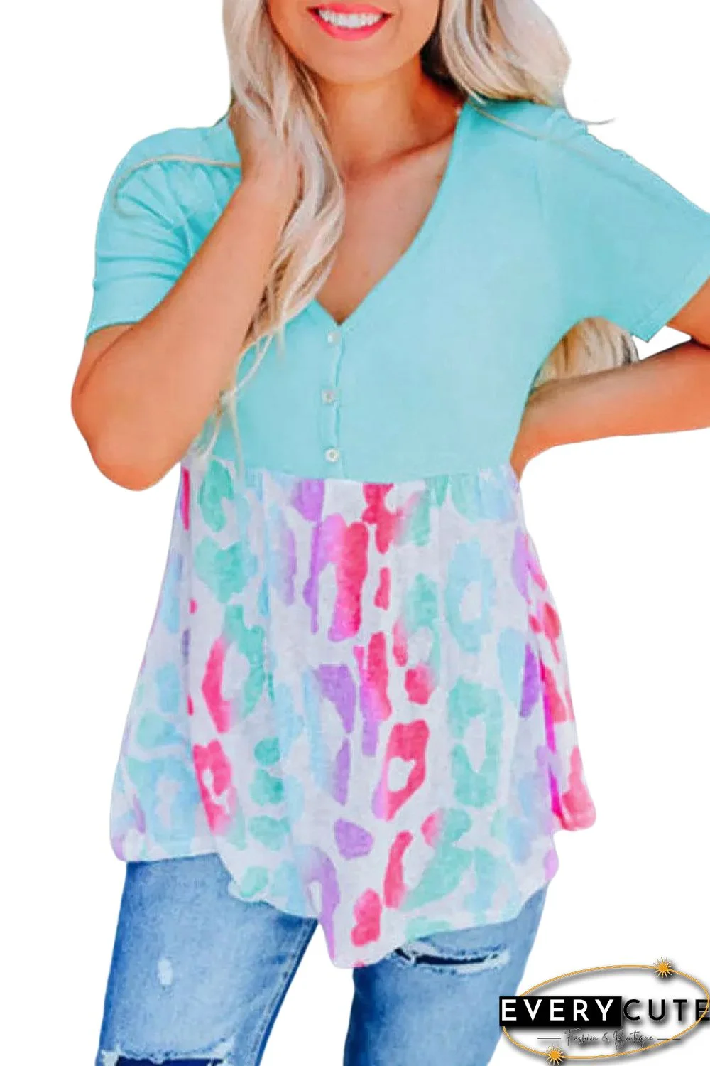 Sky Blue Leopard Color Block Buttoned V Neck T Shirt