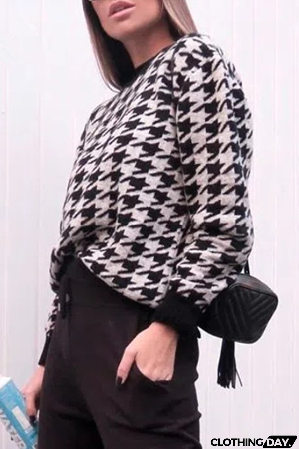 Fashion Street Geometric Patchwork Contrast O Neck Sweater(3 Colors)