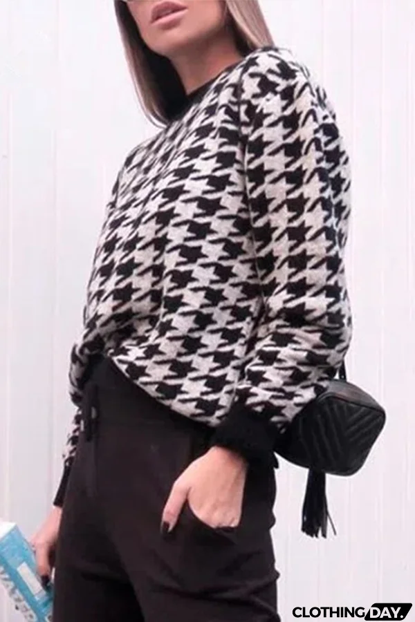 Fashion Street Geometric Patchwork Contrast O Neck Sweater(3 Colors)