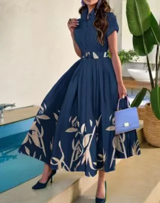 Wongn Wongn Shirt Collar Large Hem Positioning Floral Print Short Sleeve Button Dress Belt Belt