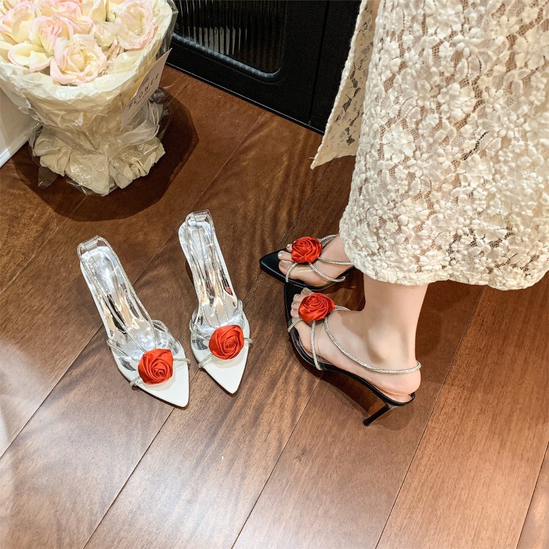 Googlygenius Design Sense Transparent Sandals Women's Summer New Temperament Pointed Toe Open Toe Flower Thin Strap High Heels
